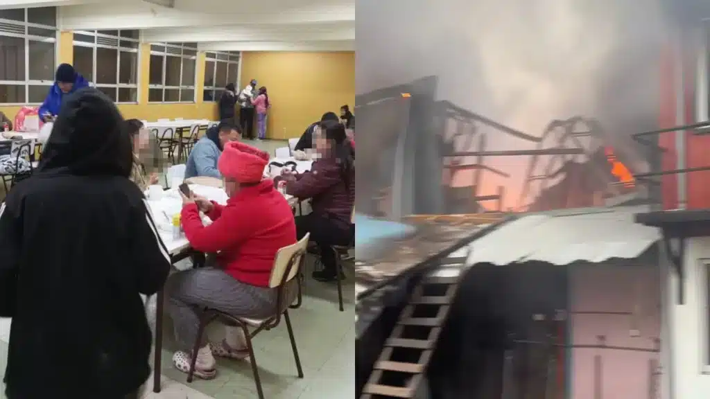 Familias damnificadas por el incendio en Chillancito, Concepción, siendo asistidas en el albergue de emergencia del Liceo Balmaceda.