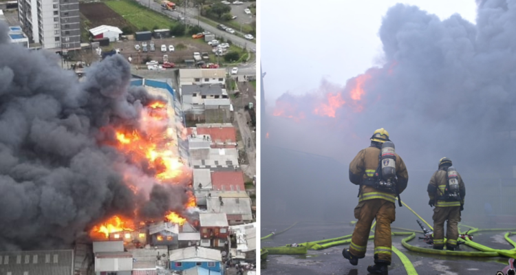 Bomberos trabajando en la remoción de escombros y apagando un rebrote de fuego en la bodega incendiada del sector Chillancito, Concepción.