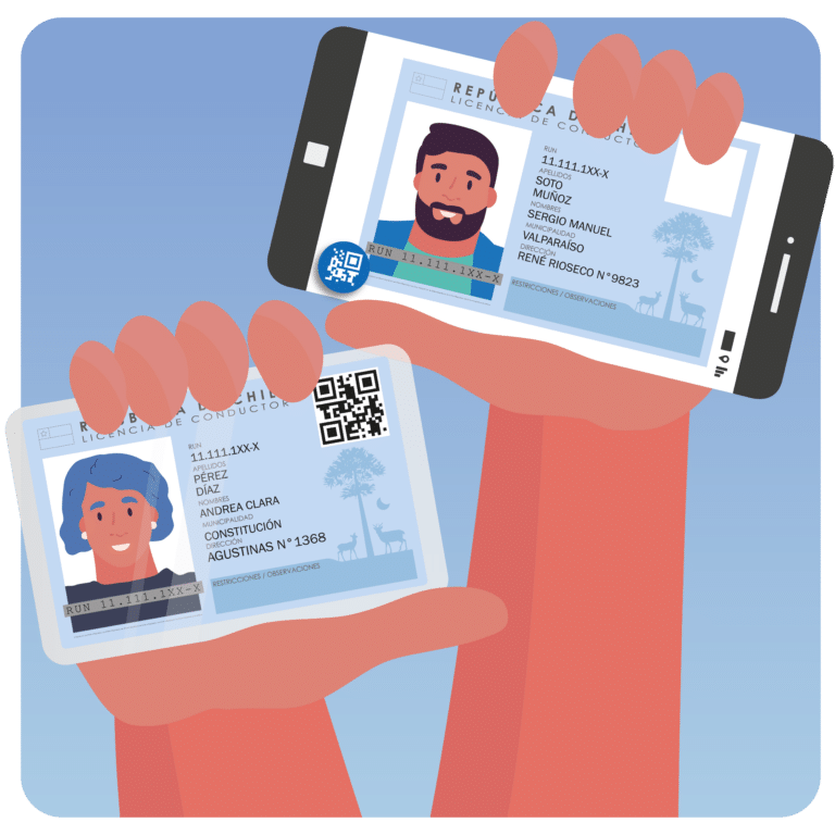 Muestra del nuevo formato de la licencia de conducir en Chile, en su versión física y digital en una aplicación móvil.