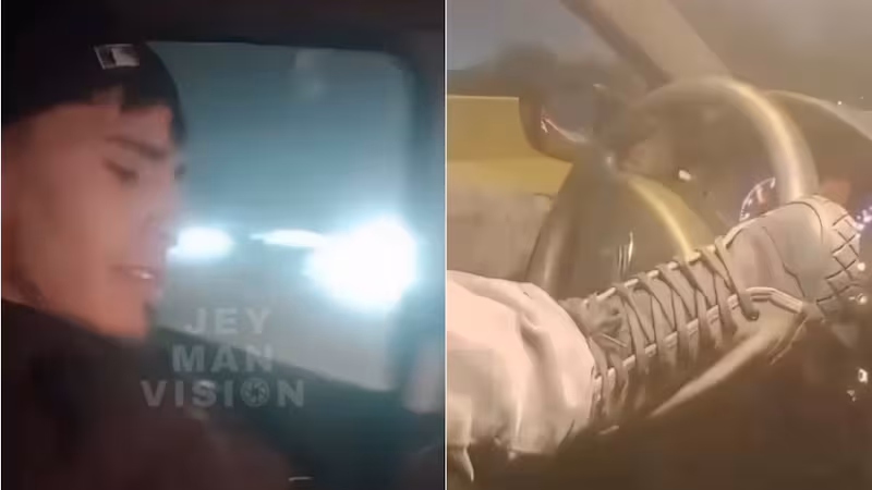 Captura del video viral que muestra a un joven conduciendo un automóvil con los pies en plena Ruta 5 Sur.
