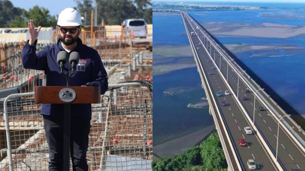 Vista panorámica del nuevo Puente Industrial extendiéndose sobre el río Biobío, conectando San Pedro de la Paz y Hualpén.