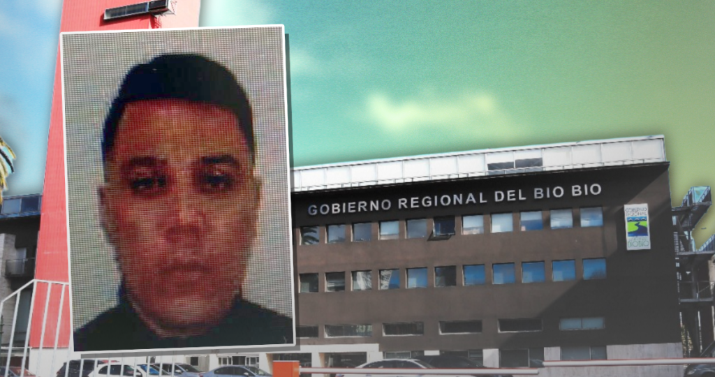 Montaje fotográfico con el rostro del narco 'El Palta' y el edificio del Gobierno Regional del Biobío, simbolizando el intento de lavado de dinero.