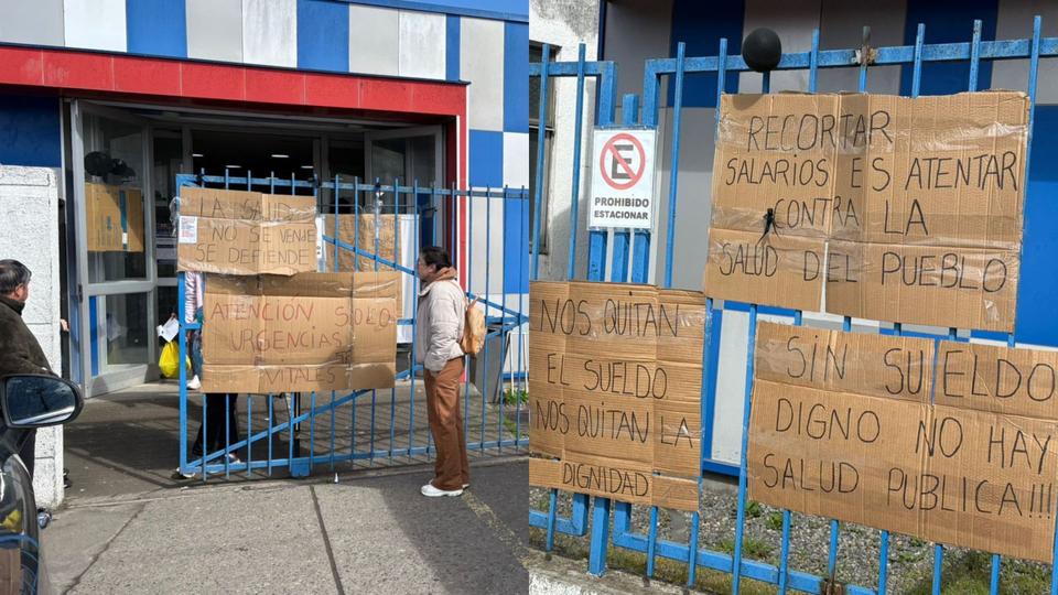 Frontis de un Centro de Salud Familiar (CESFAM) en San Pedro de la Paz con pancartas de la movilización de funcionarios.